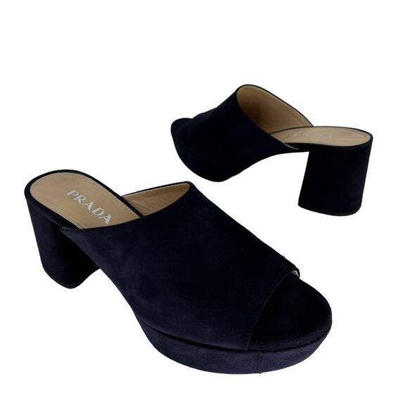 Prada Suede Navy Platform Heeled Mules - Picture 2 of 11